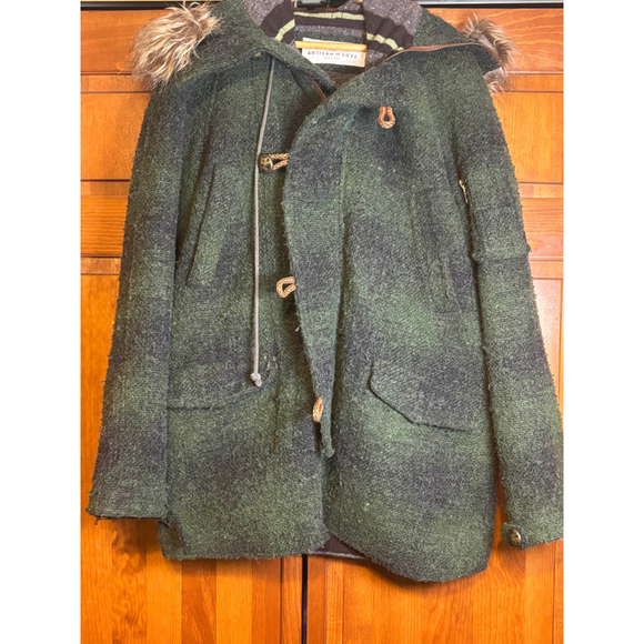 Artisan de Luxe Coat Toggle Closure Faux Fur Hood Multi Pocket Green/Brown M M - Picture 12 of 16